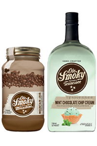 Jar of coffee and bottle of mint chocolate chip cream liqueur.