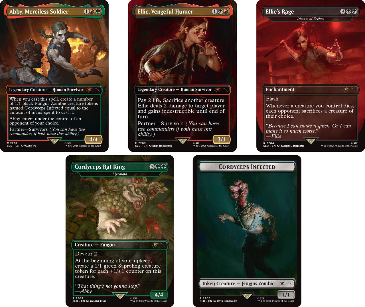 playstation superdrop secret lair the last of us part 2 Five fantasy trading cards with various characters and artwork.