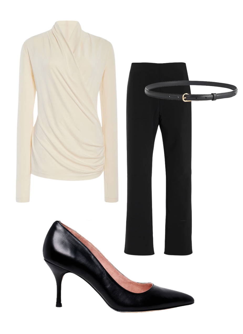 Outfit featuring a cream top, black pants, belt, and black high heels.