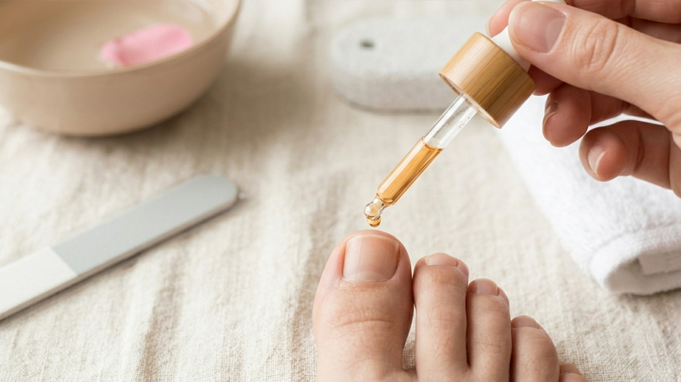 Glass dropper applying cuticle oil to a clean unpolished toenail on a cream linen towel