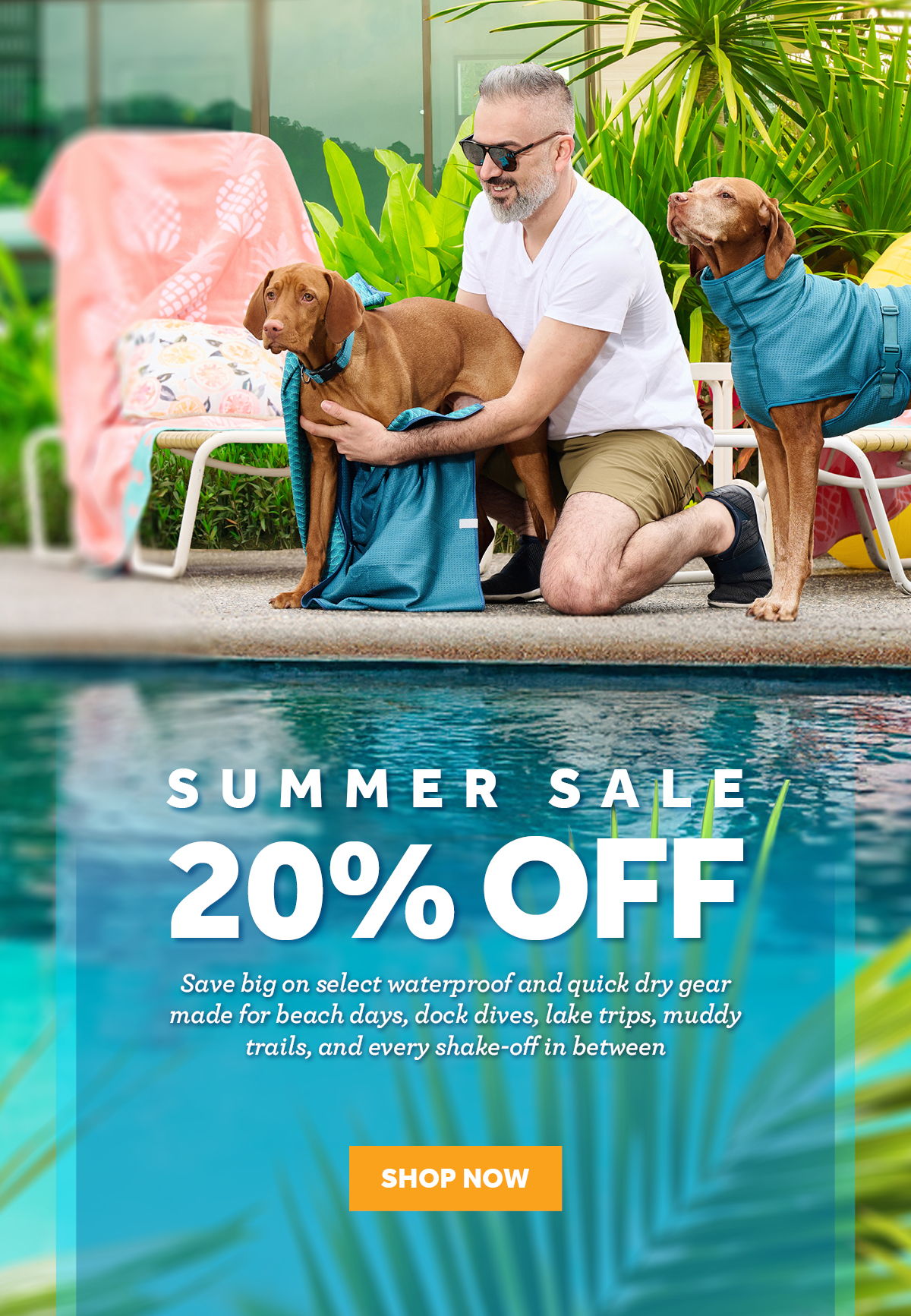 Man with two dogs by a pool, promoting a summer sale.