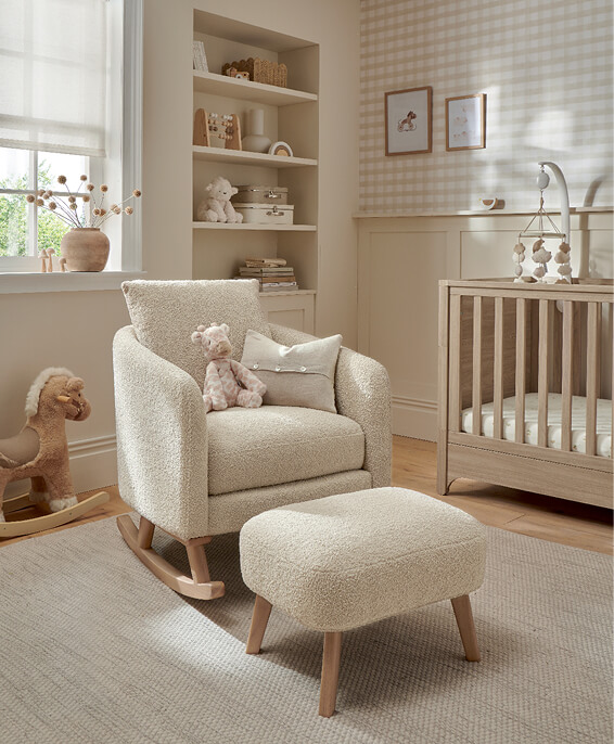 Cozy nursery with an Alma Nursing Chair & Stool - Off White Boucle