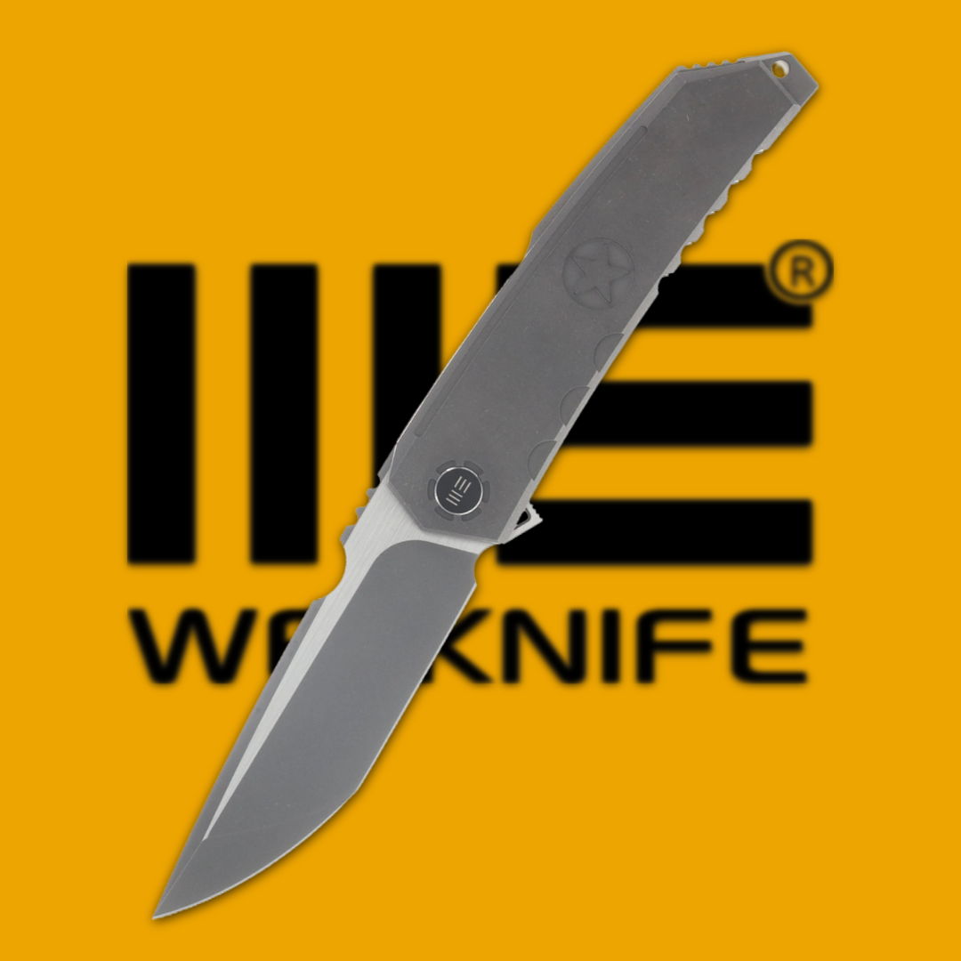 A folding knife against an orange background with the Workknife logo.