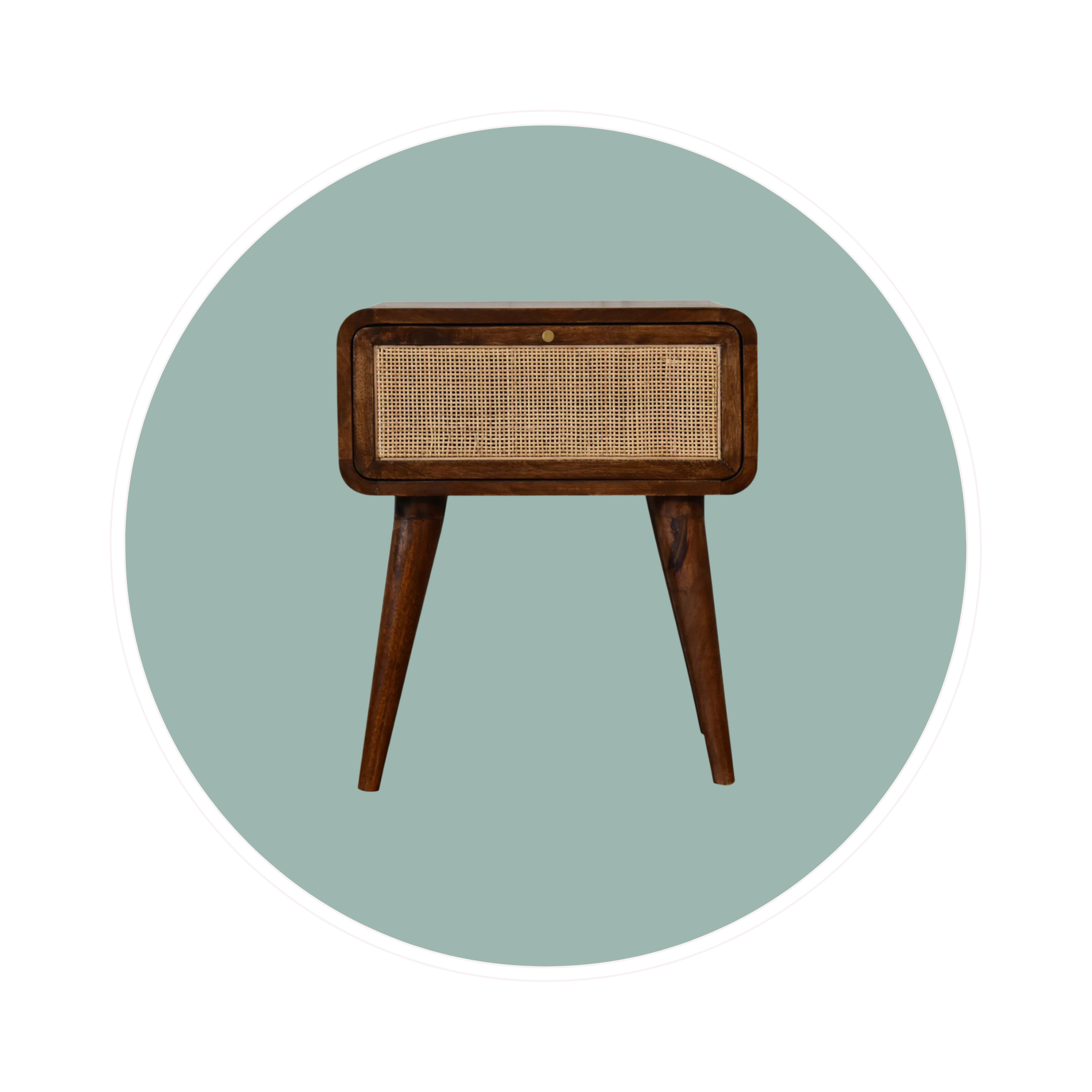 Jaya Handmade solid wood bedside table in deep chestnut with woven drawer frontal | MalletandPlane.com