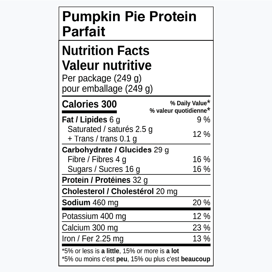 Nutrition facts for Pumpkin Pie Protein Parfait.