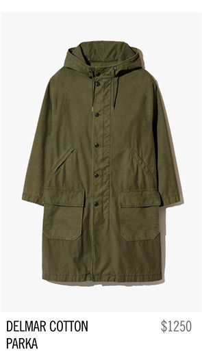 Olive green cotton parka with hood and front pockets. Price: $1250.