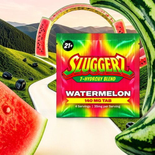 Colorful watermelon-themed product packaging with watermelon slices and a scenic background.