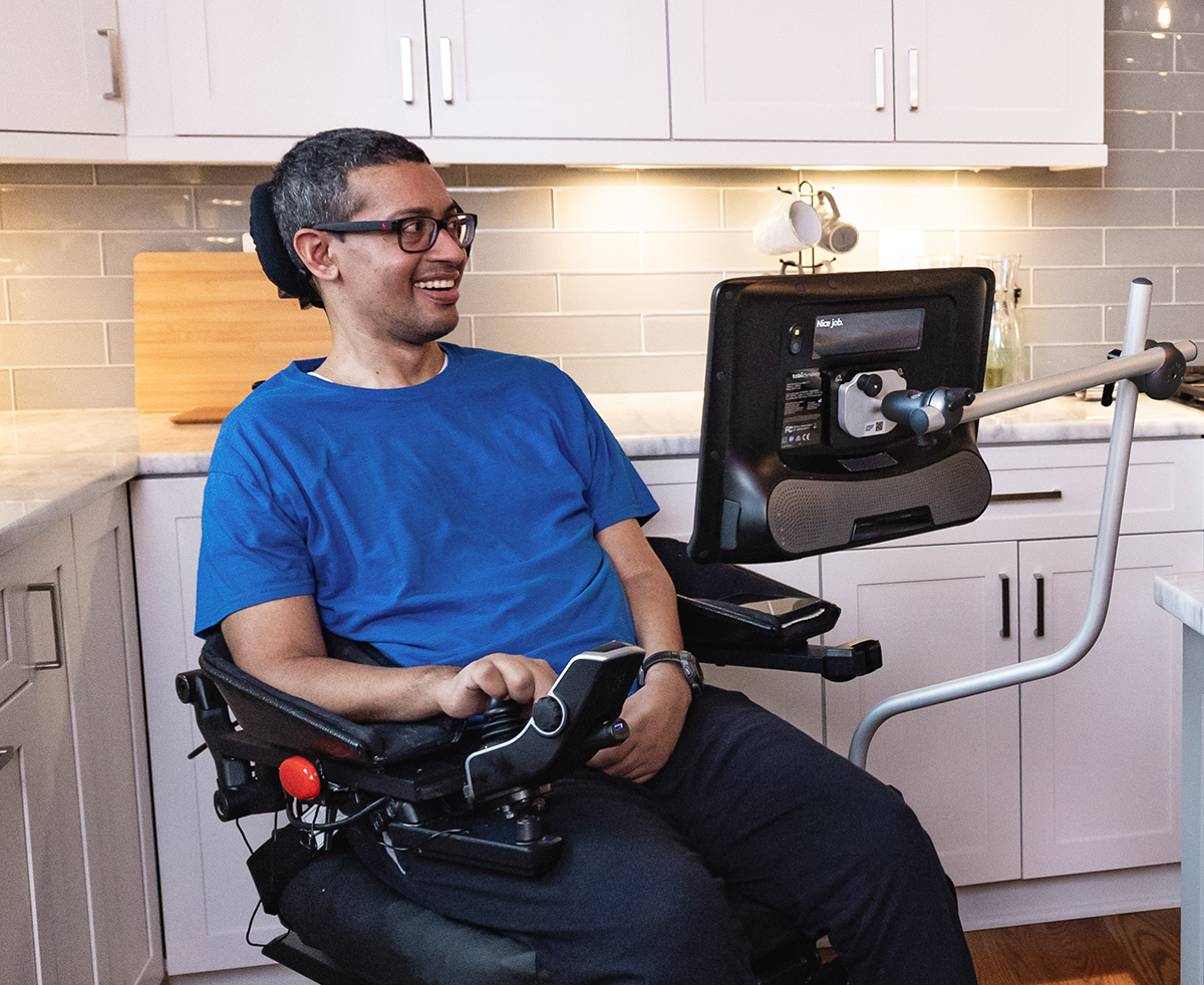 Wheelchair mount for a Tobii Dynavox speech generating device.