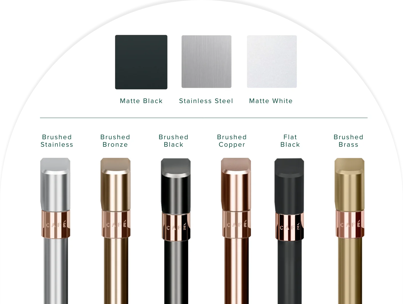 Color options for various brushed metal finishes and matte colors.
