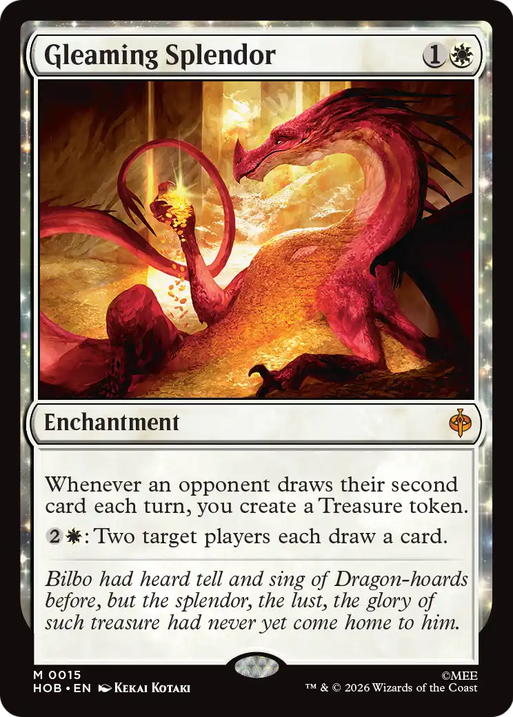 The card Gleaming Spelndor, the most desirable chase card from the MTG/The Hobbit crossover.