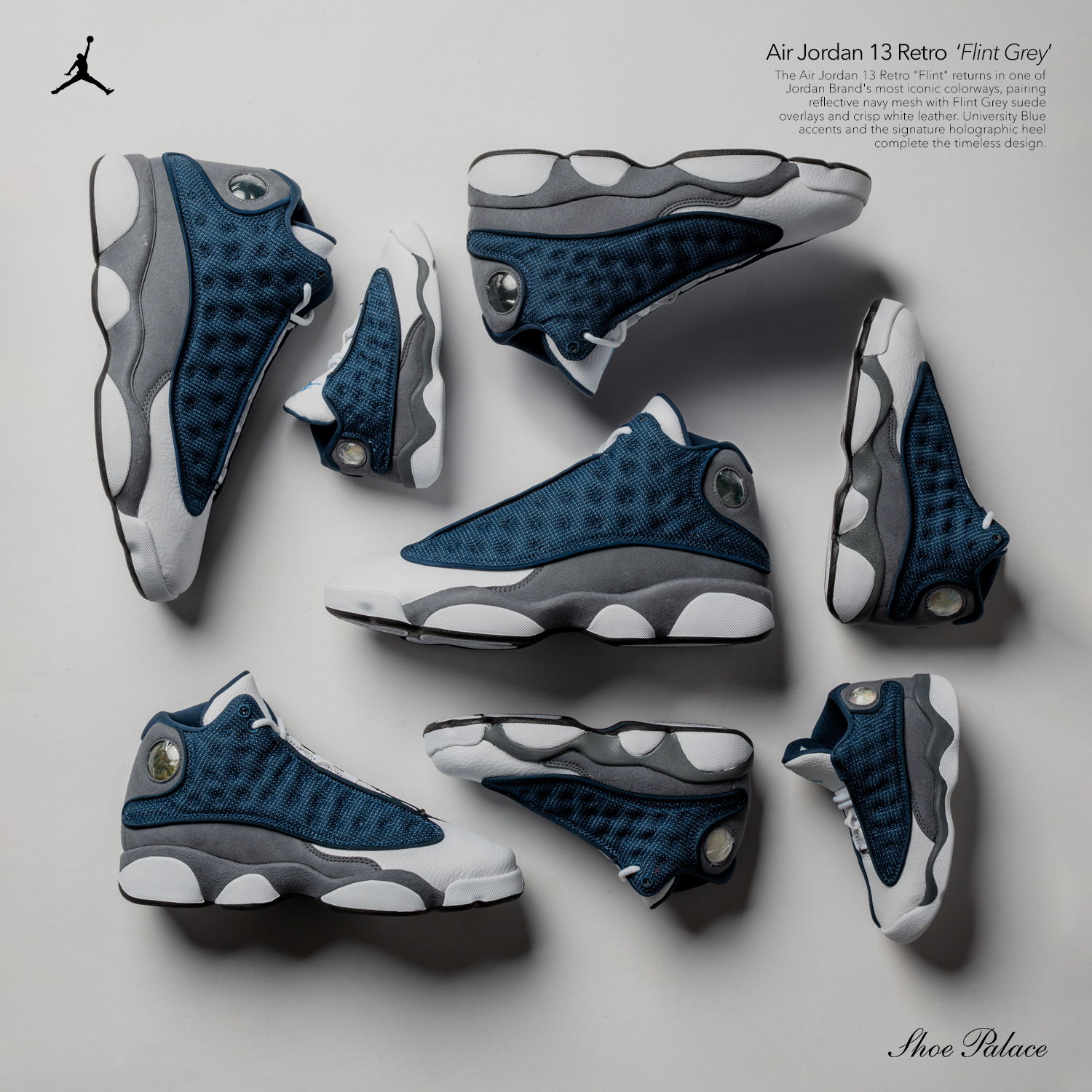 Various angles of blue and gray Jordan sneakers displayed artistically.
