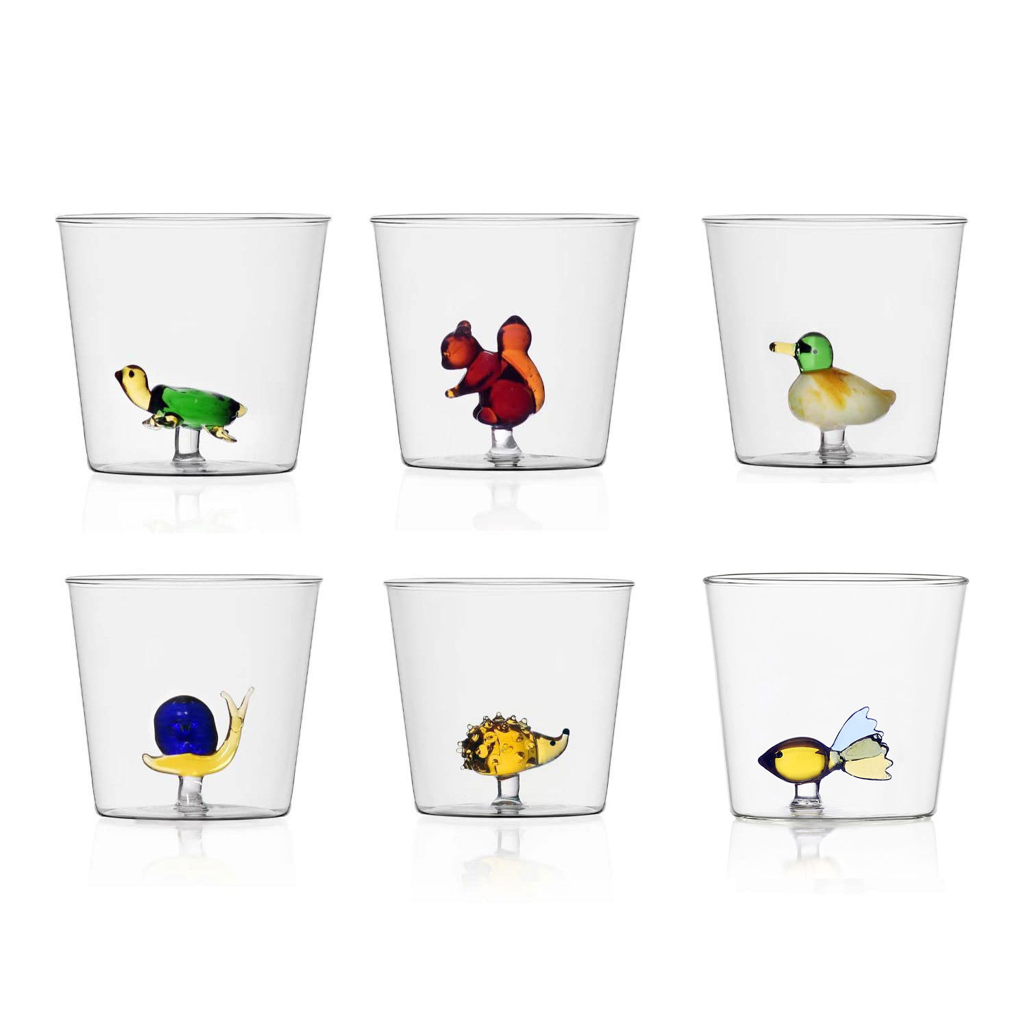 Six clear cups with colorful bird illustrations inside.