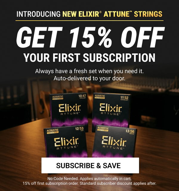 Promotional image for Elixir Attune strings with subscription offer.