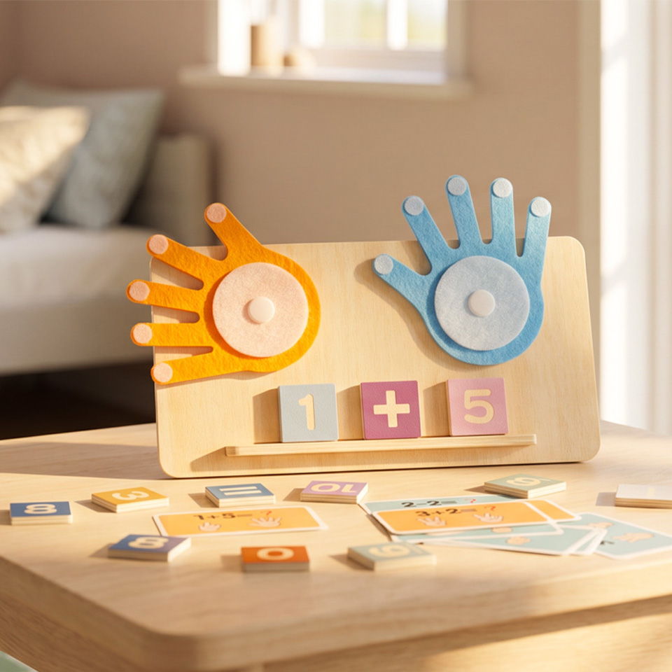 Colorful educational toy with hand shapes and number tiles on a table.