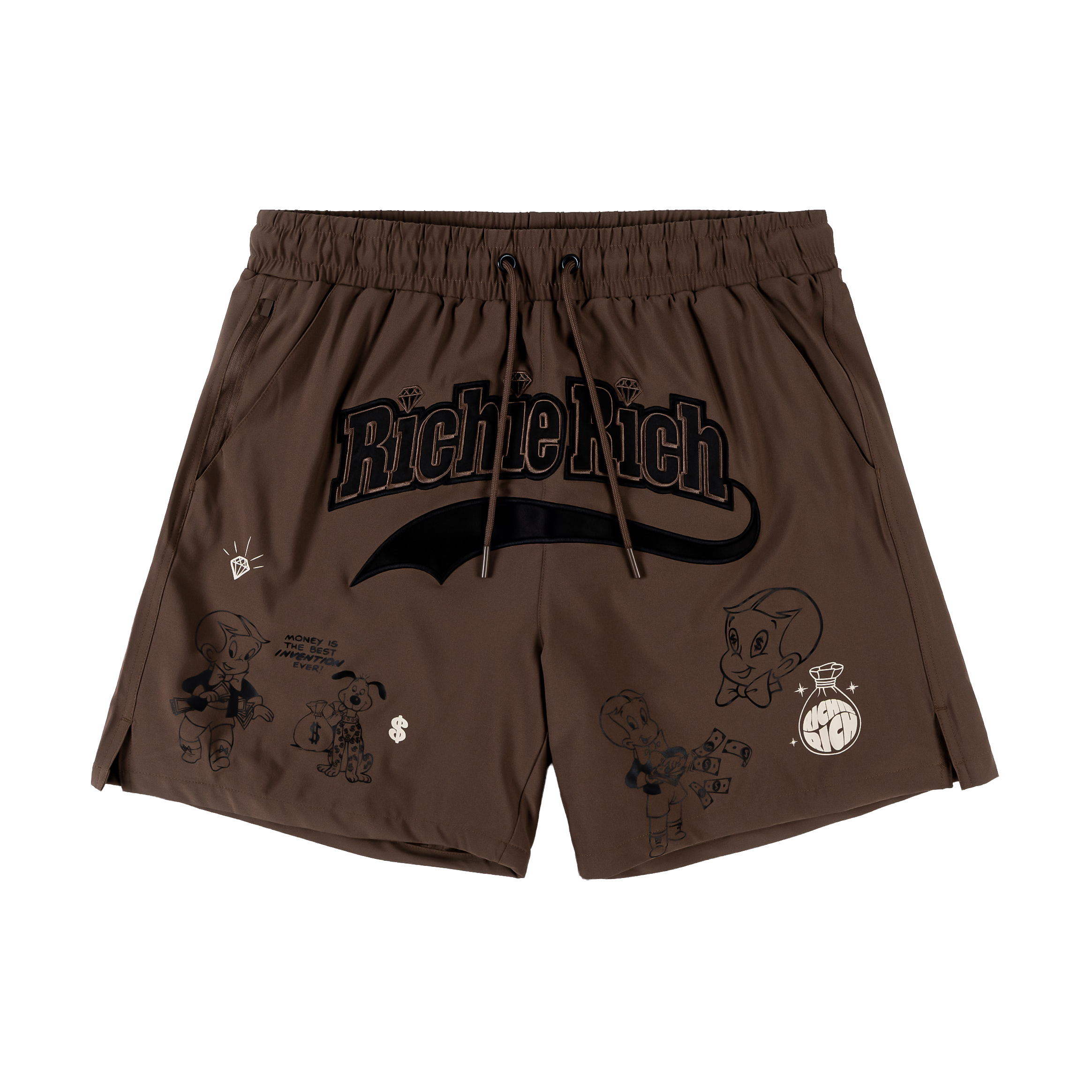 Brown swim shorts with graphic designs and 