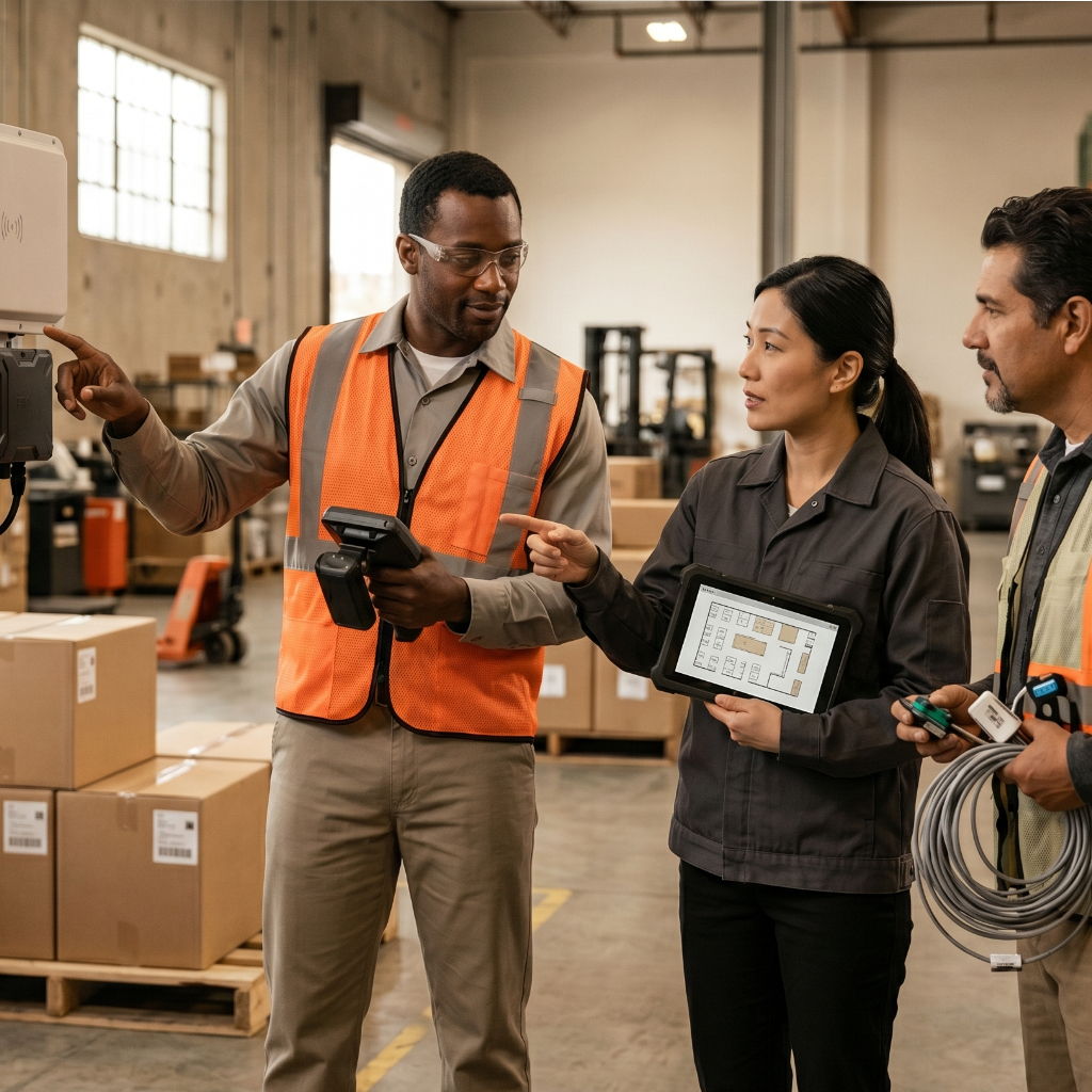 Three warehouse workers discussing equipment in a storage area.