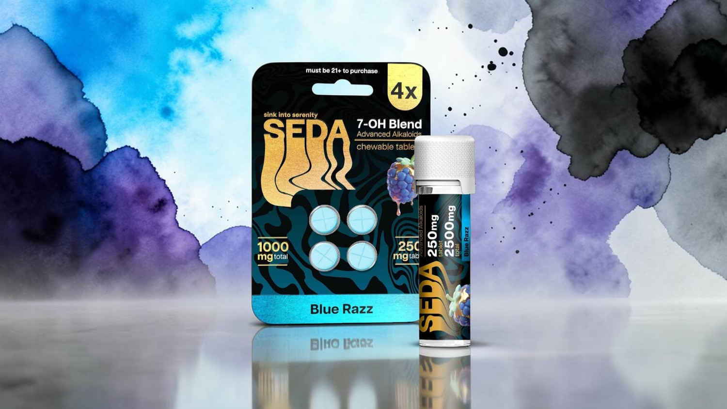 Packaging of SEDA blue beetle product with colorful watercolor background.