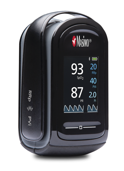 Product close-up shot: Mightysat Fingertip Pulse Oximeter with Bluetooth LLE RRP PVI on white background