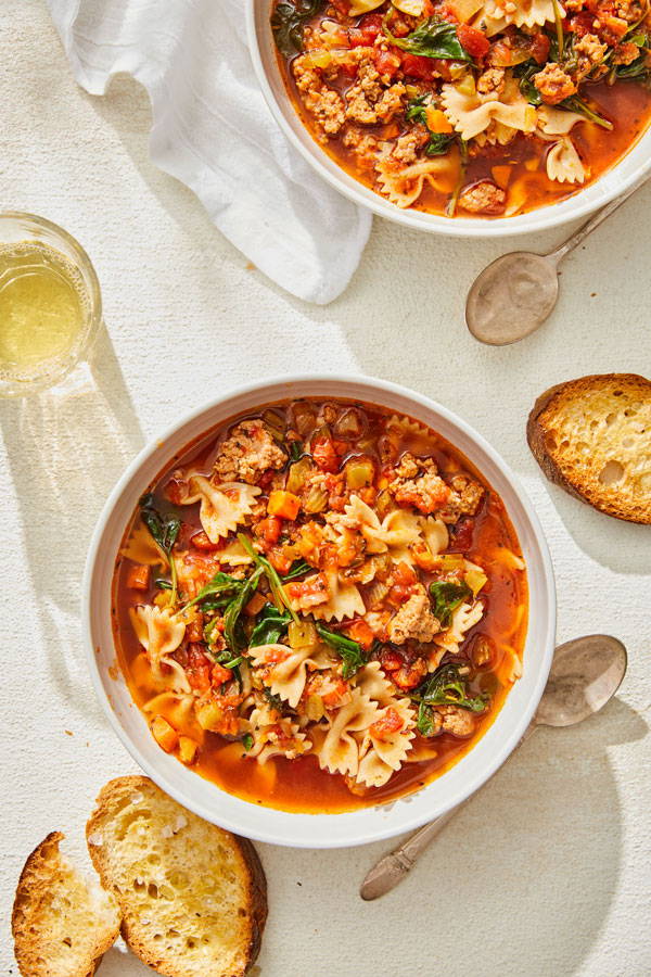 Italian sausage soup with Farfalle pasta and spinach