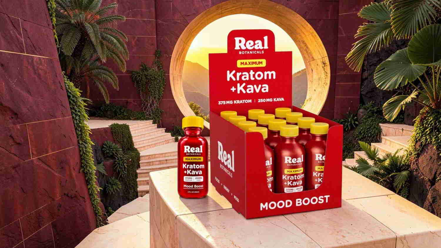 Kratom and Kava beverage display in a tropical setting.