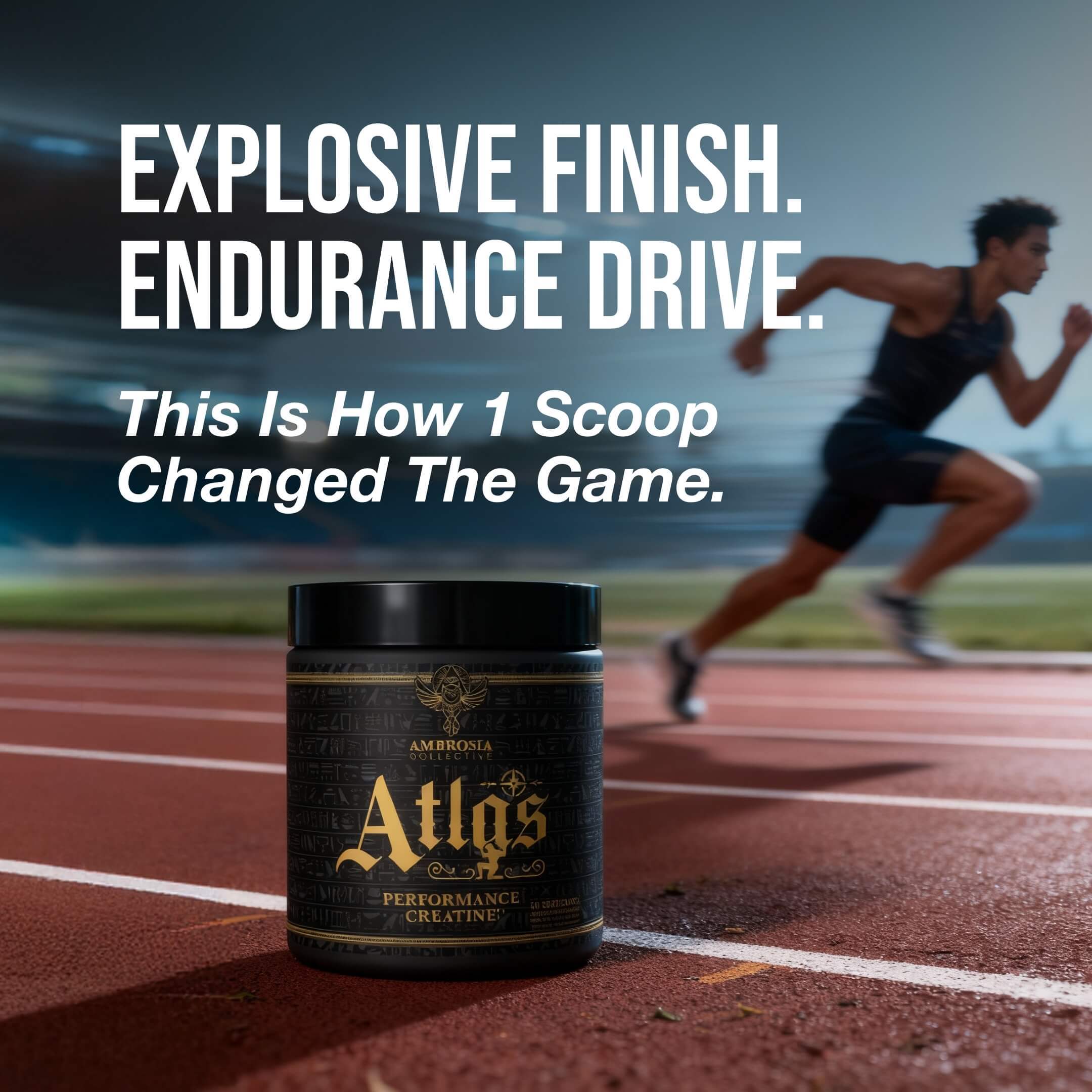 Athletic man running with a supplement container, promoting endurance and performance.