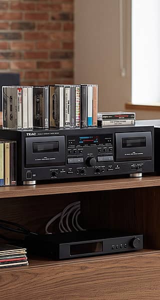 Cassette player with tapes on a wooden shelf in a cozy room.