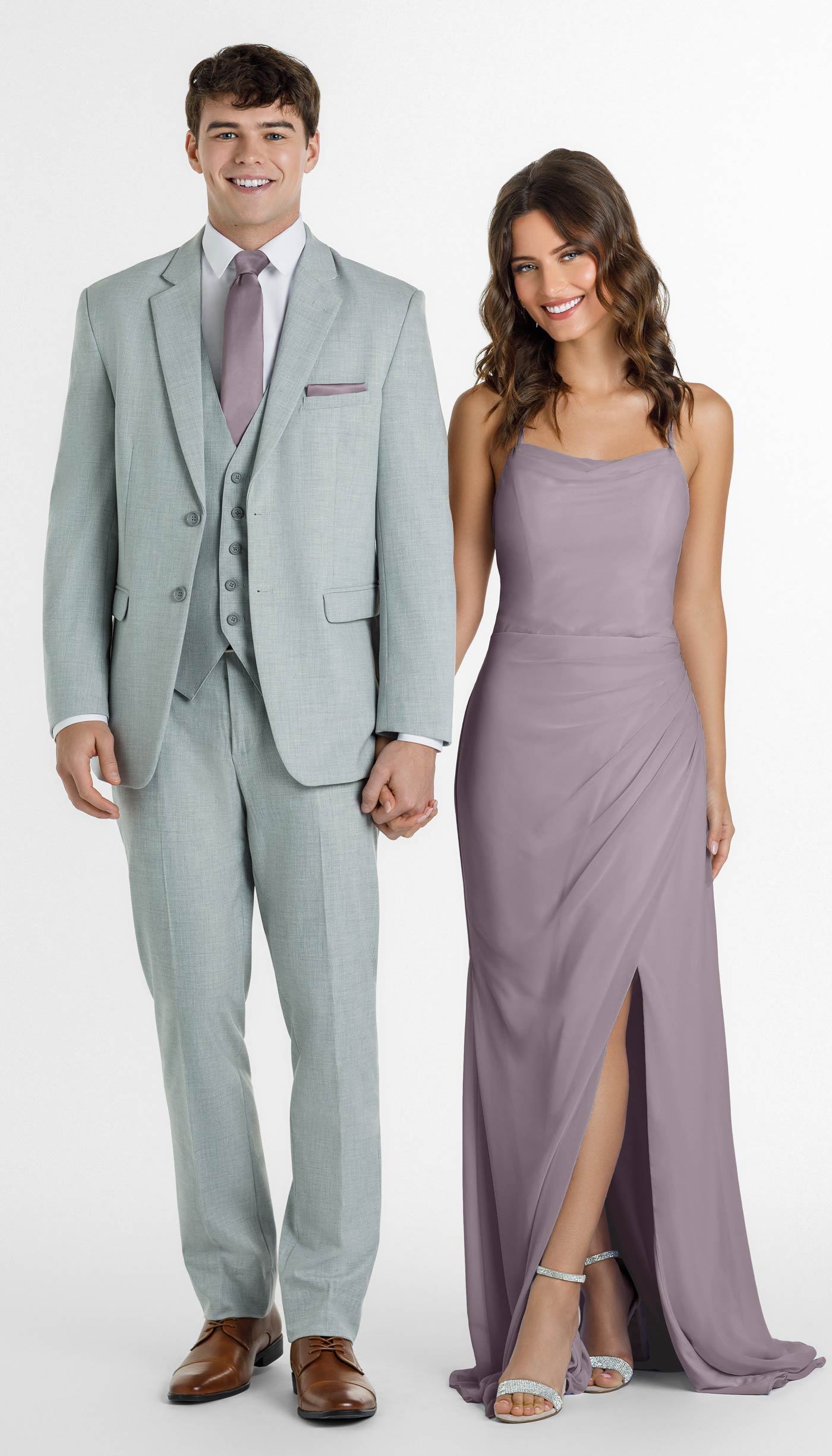 light grey suit with french lilac bridesmaid dress