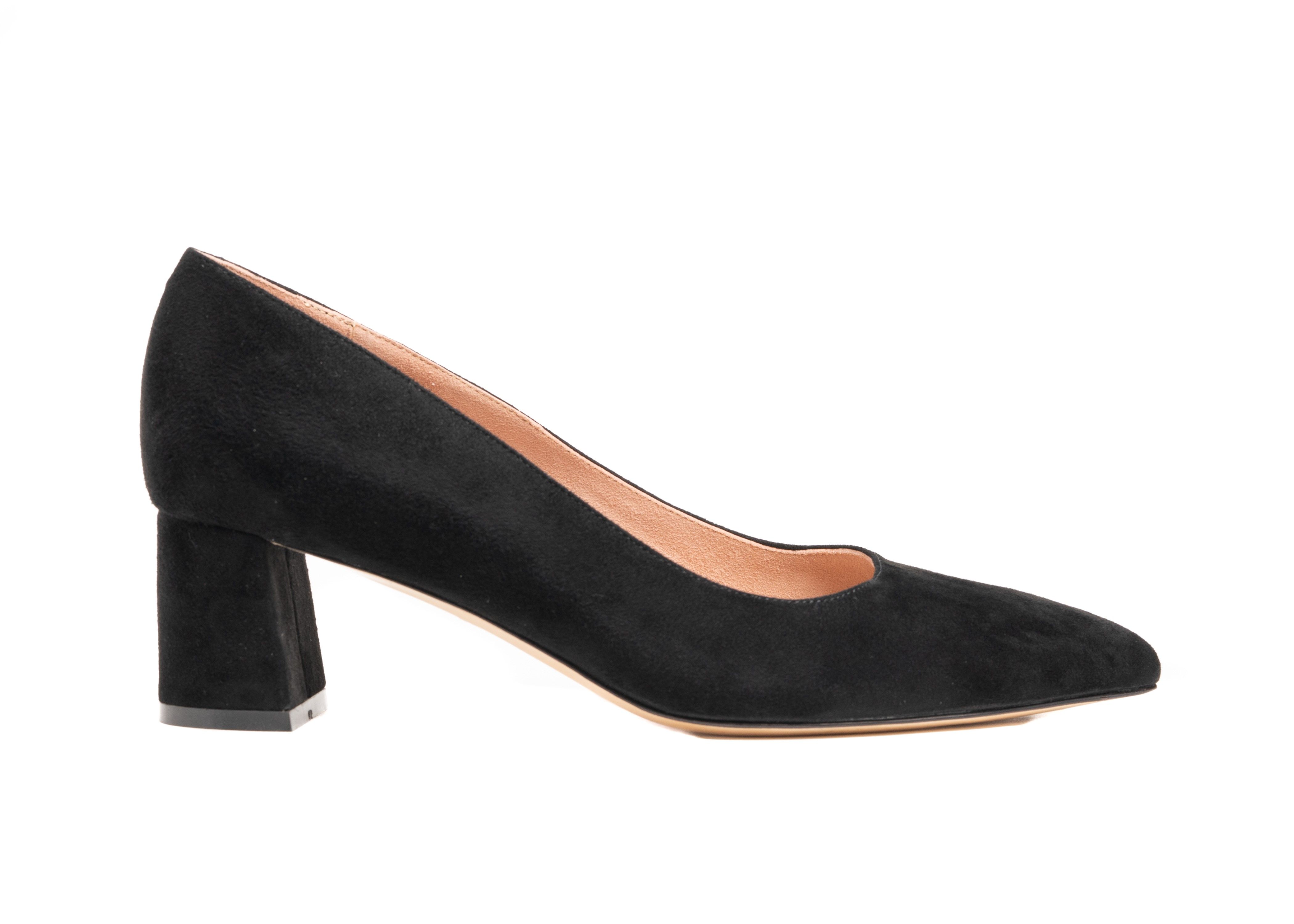 Black suede high-heeled pump with a block heel.