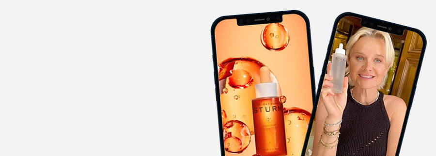 Two smartphones displaying a beverage and a smiling woman holding a product.