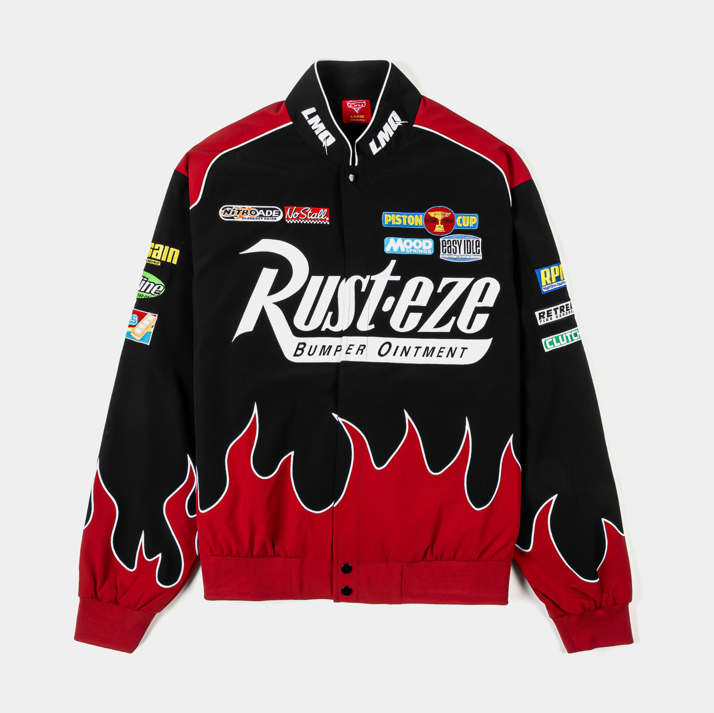 Black and red jacket with flame design and Rust-eze logo.