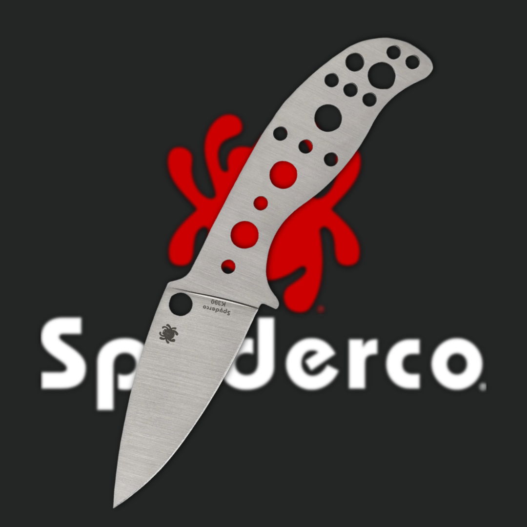 A silver folding knife with red accents and the Spyderco logo.