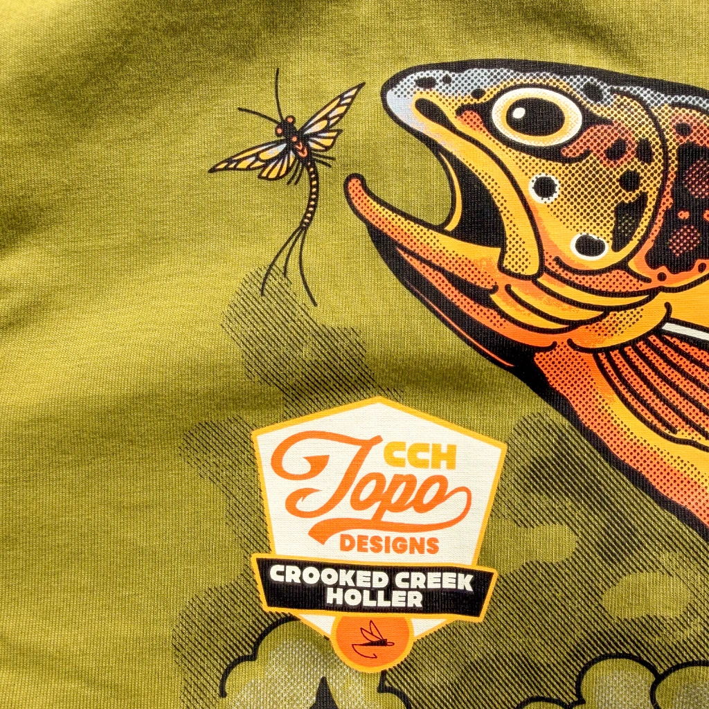 Illustration of a fish catching a fly, with branding below.