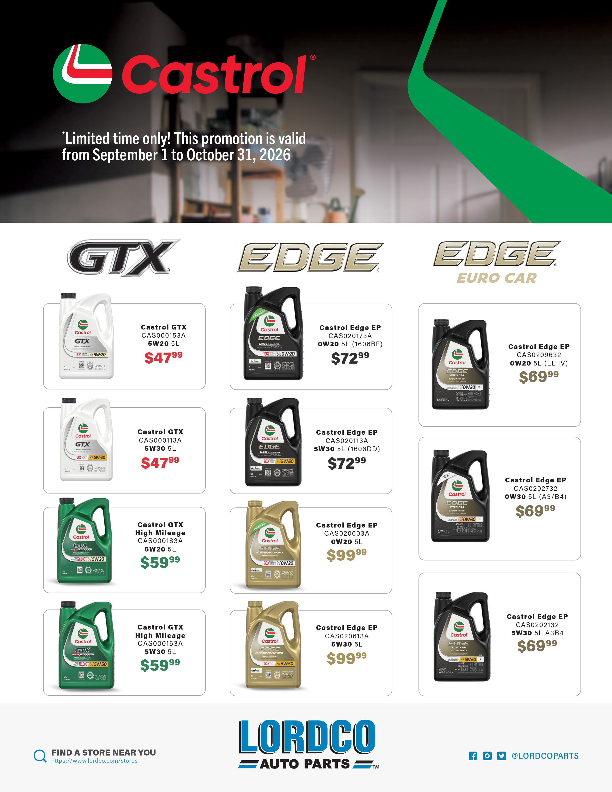 Castrol oil promotions, featuring prices and product details for GTX and EDGE.