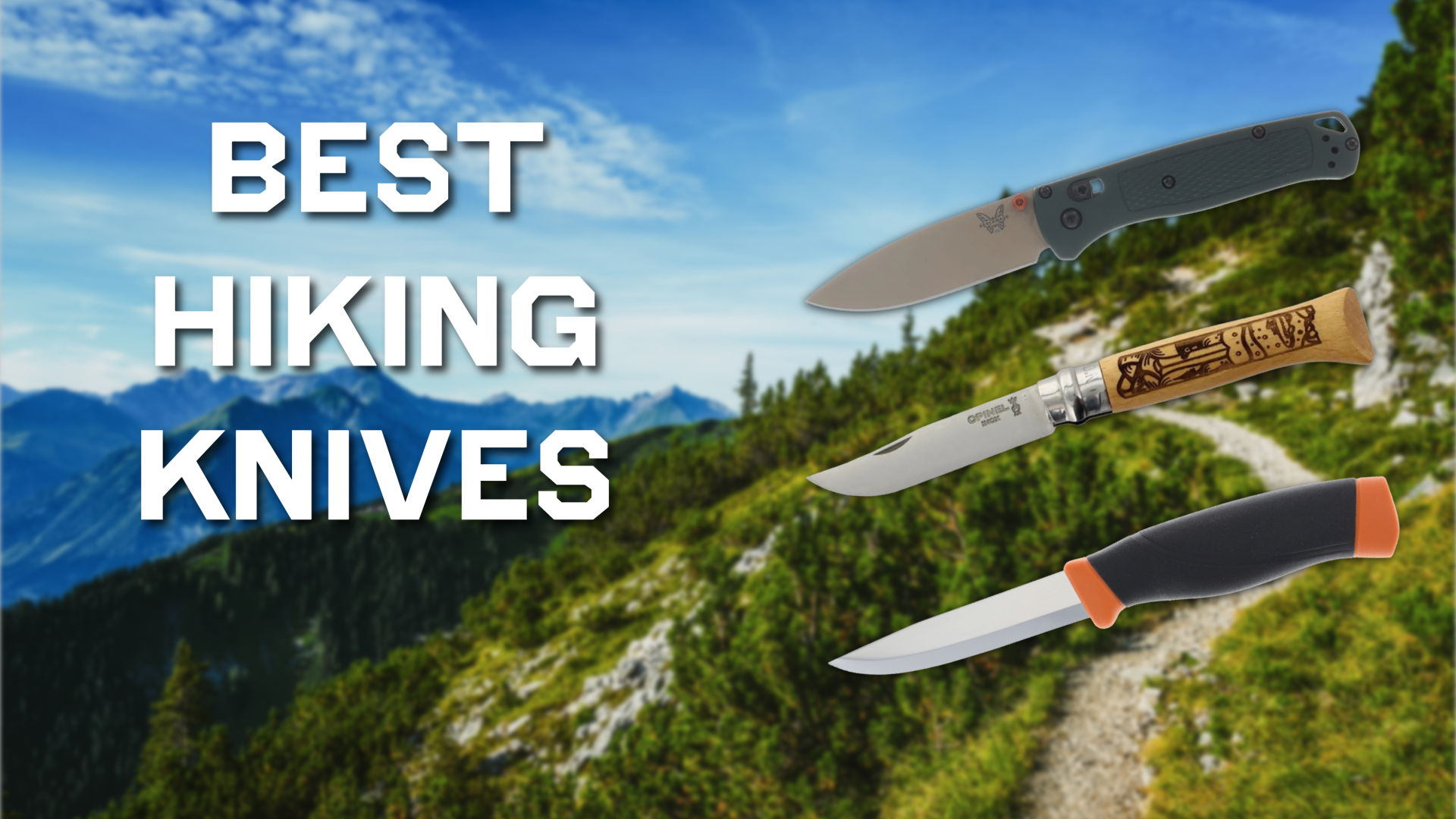 Image of hiking knives with a scenic mountain trail background.