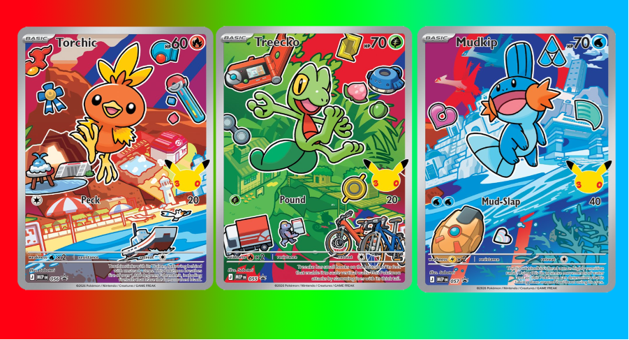 Pokemon first partners illustration collection series 3 - Three colorful Pokémon cards featuring characters and dynamic backgrounds.