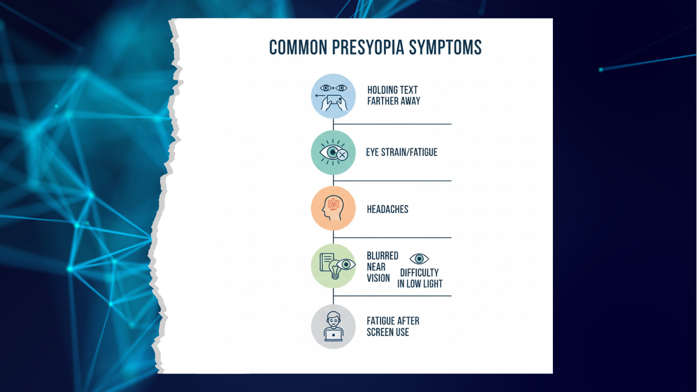  Infographic showing common presbyopia symptoms such as difficulty reading small print and eye strain.