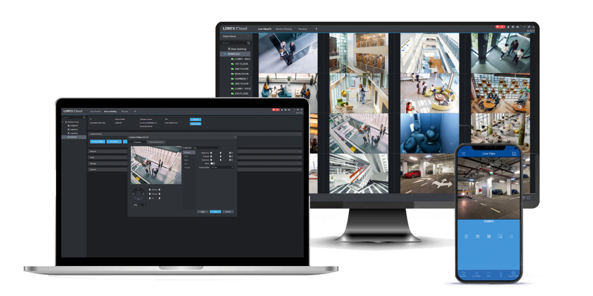 Lorex Cloud app on phone and Lorex Cloud client on laptop and monitor