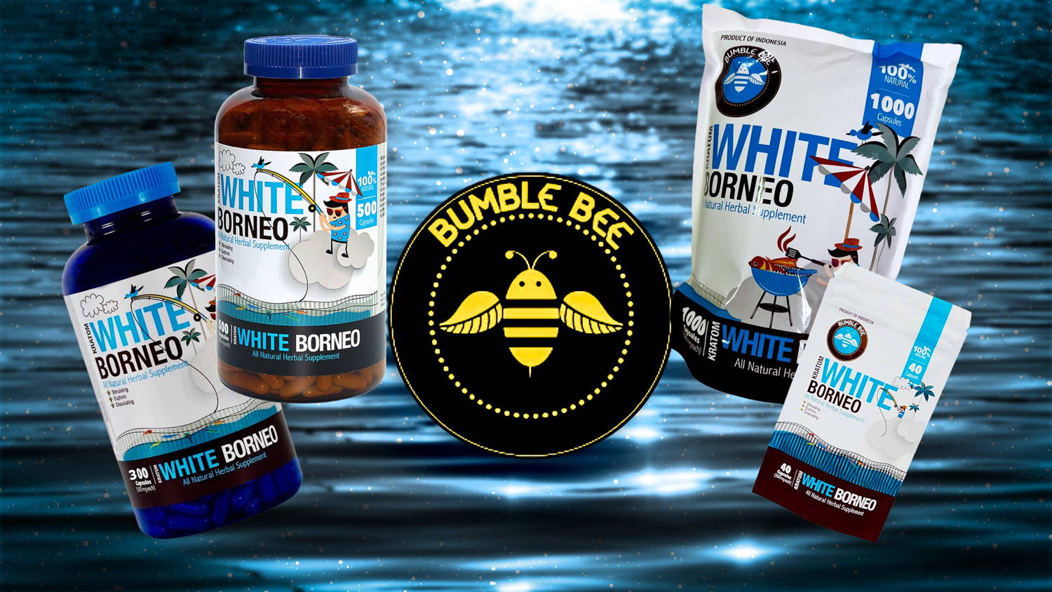 Bumble Bee White Borneo 40, 300, 500, and 1000 Capsules Banner