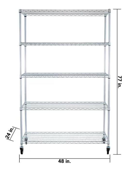 shelving rack dimensions 48 inches wide 24 inches deep 77 inches high on wheels