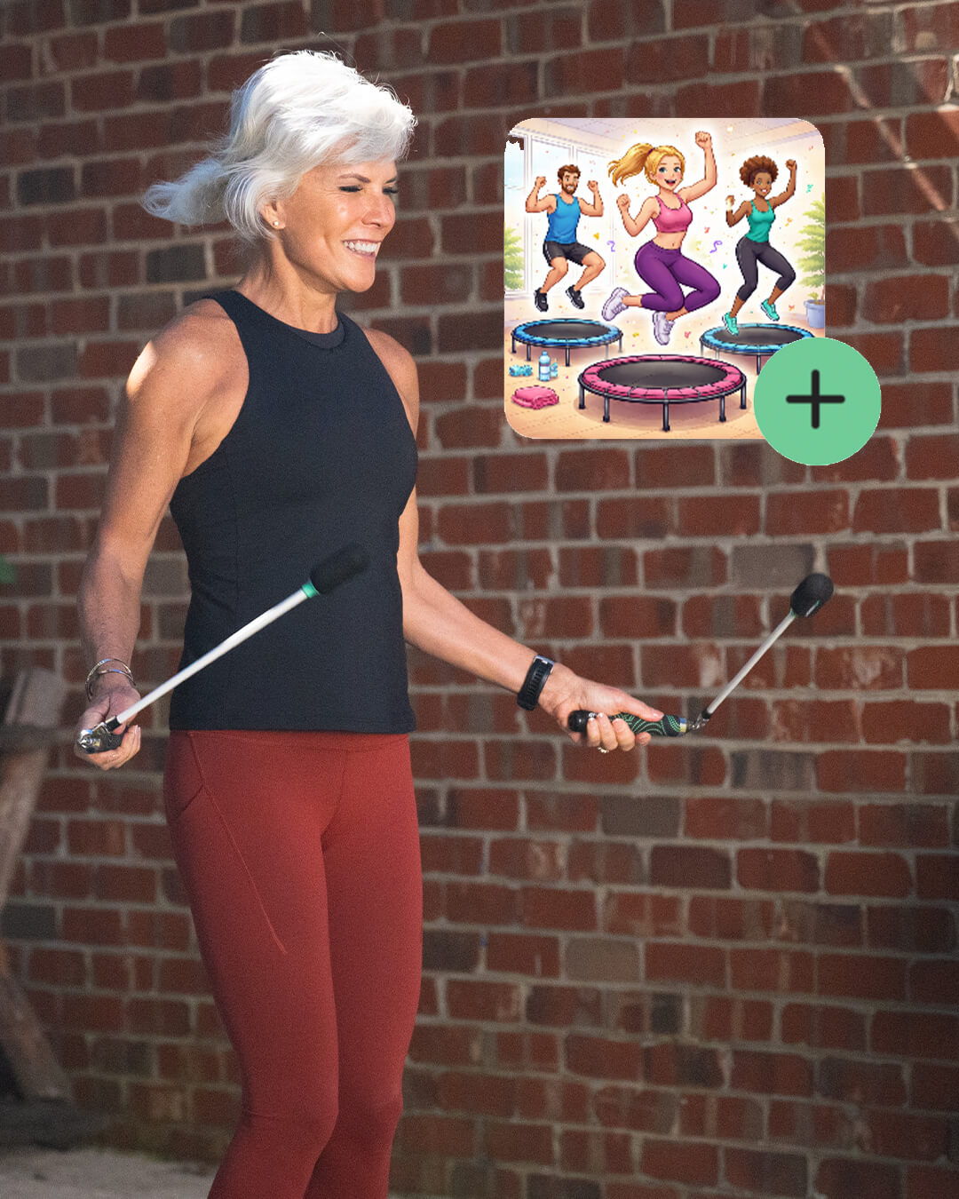 Woman jumping with Crossrope Ropeless outdoors and app workout screen overlaid