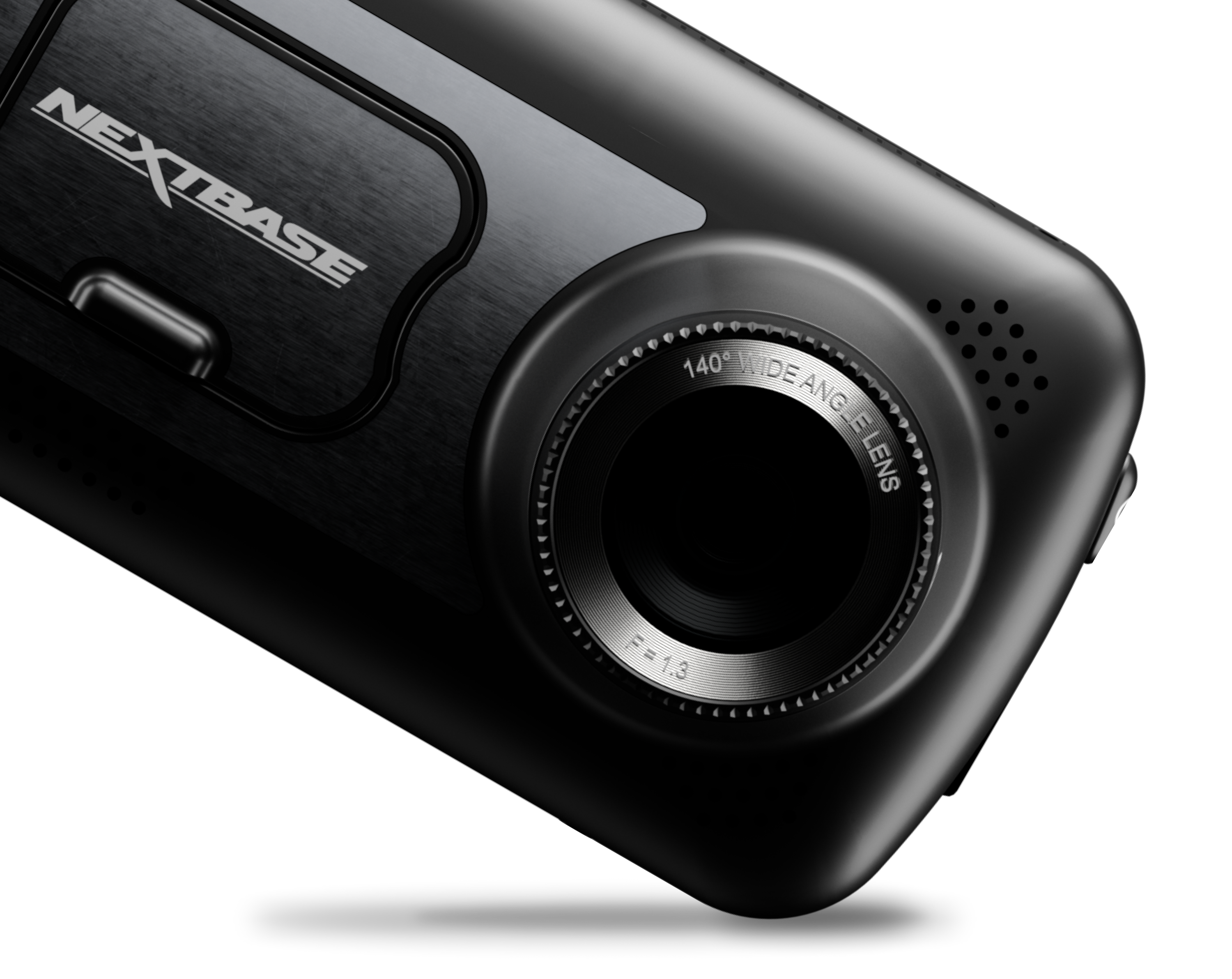 Black camera device with a circular lens and buttons.