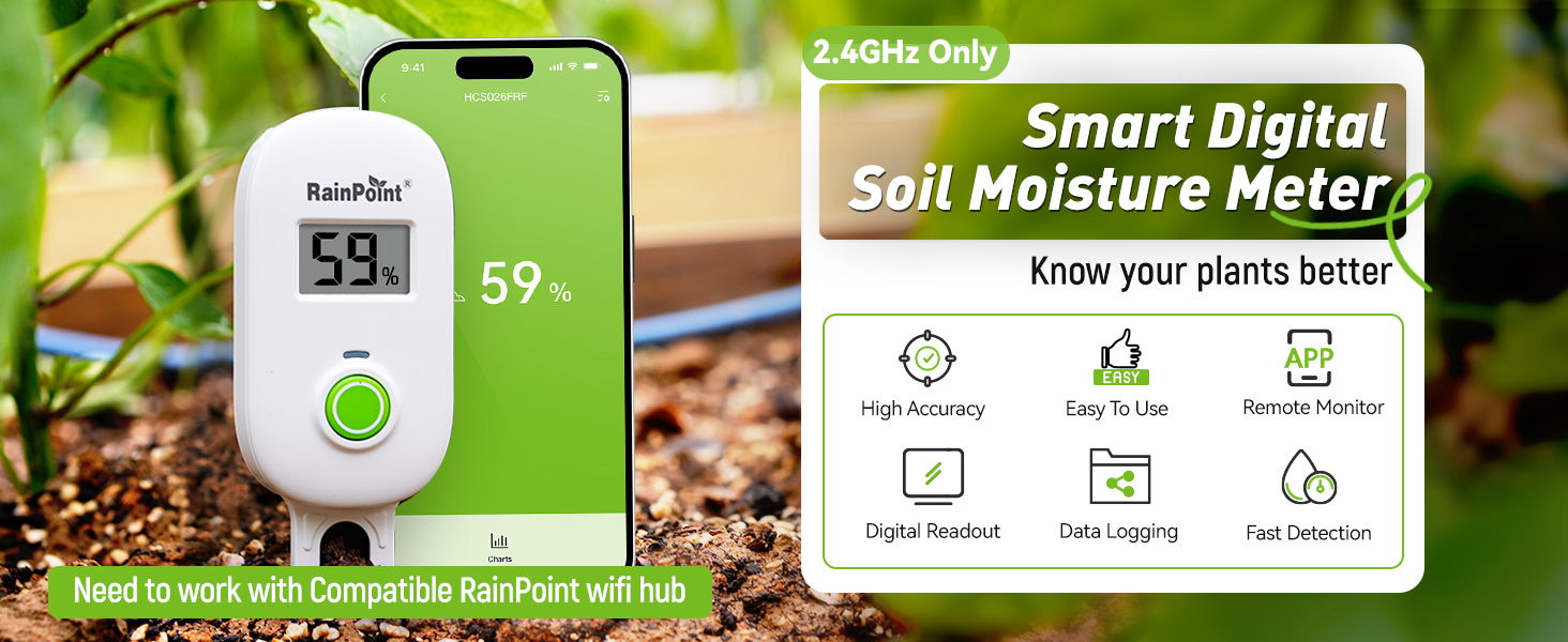 Smart digital soil moisture meter with smartphone display and features.