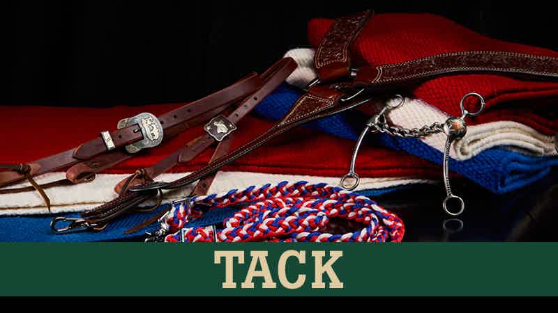 Picture of horse tack including saddle pads, bits, breast collars, and headstalls with text 