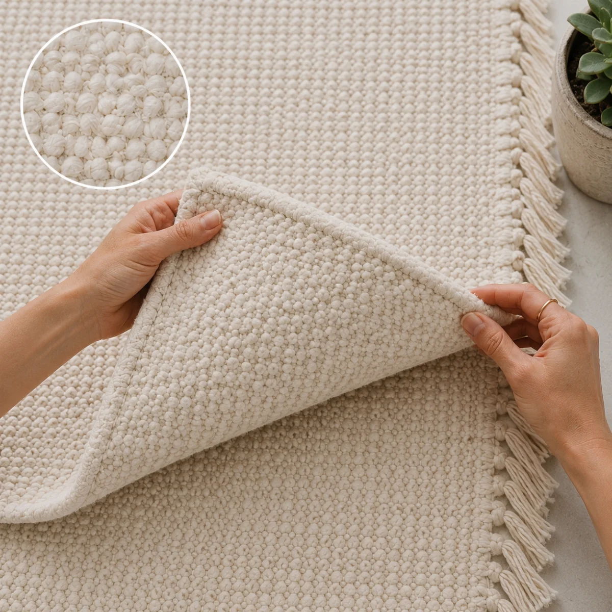 Close-up of a soft ivory cotton area rug with looped texture and fringe detail, showcasing premium outdoor rug craftsmanship and natural fibers. 
