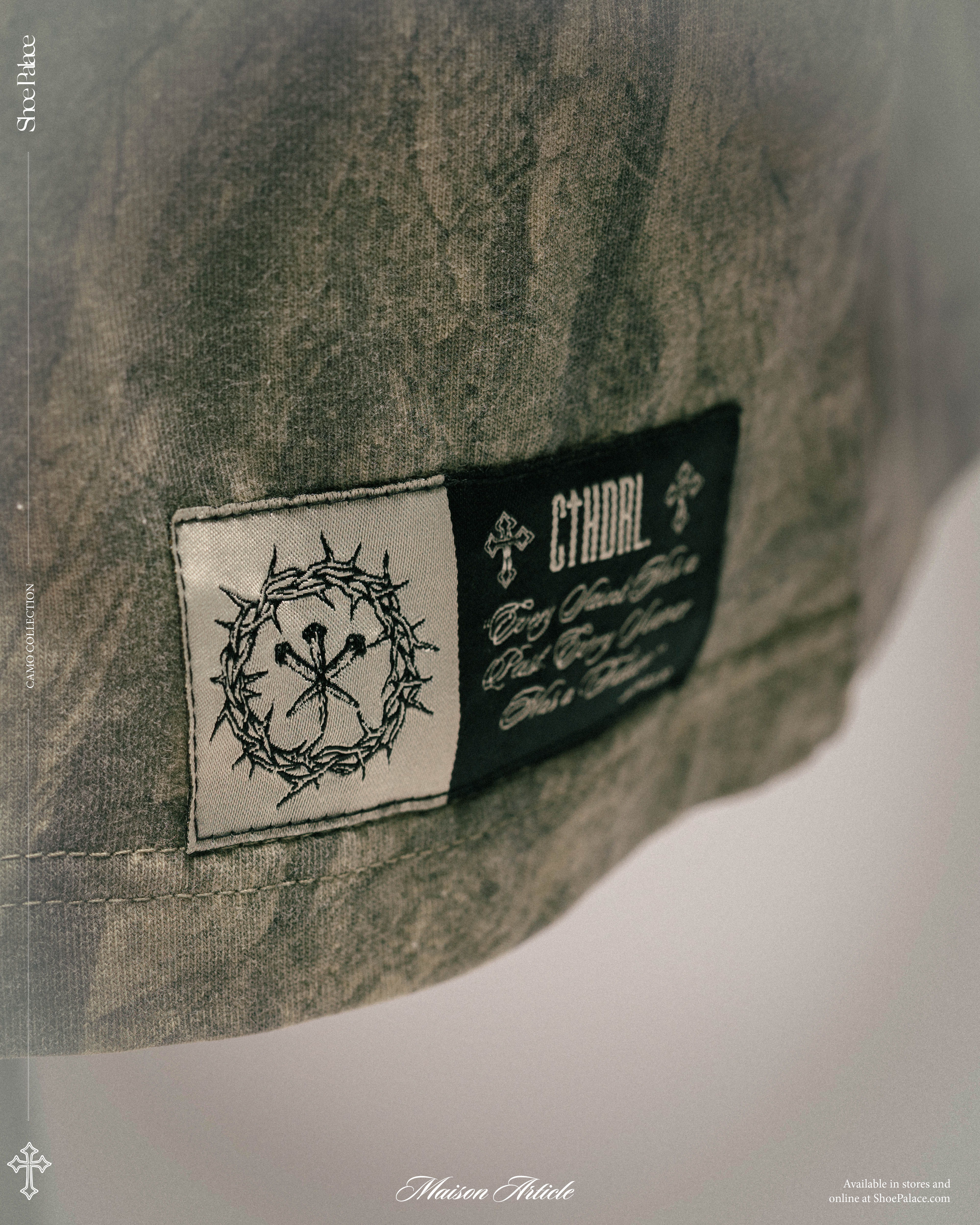 Label on a textured fabric with brand name and design details.