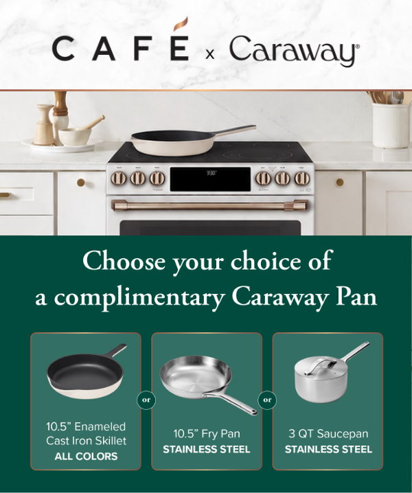 Promotional image for complimentary Caraway pan choices with a kitchen background.