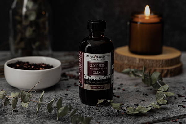Herbal Revolution Elderberry Plus Elixir on Grey Background