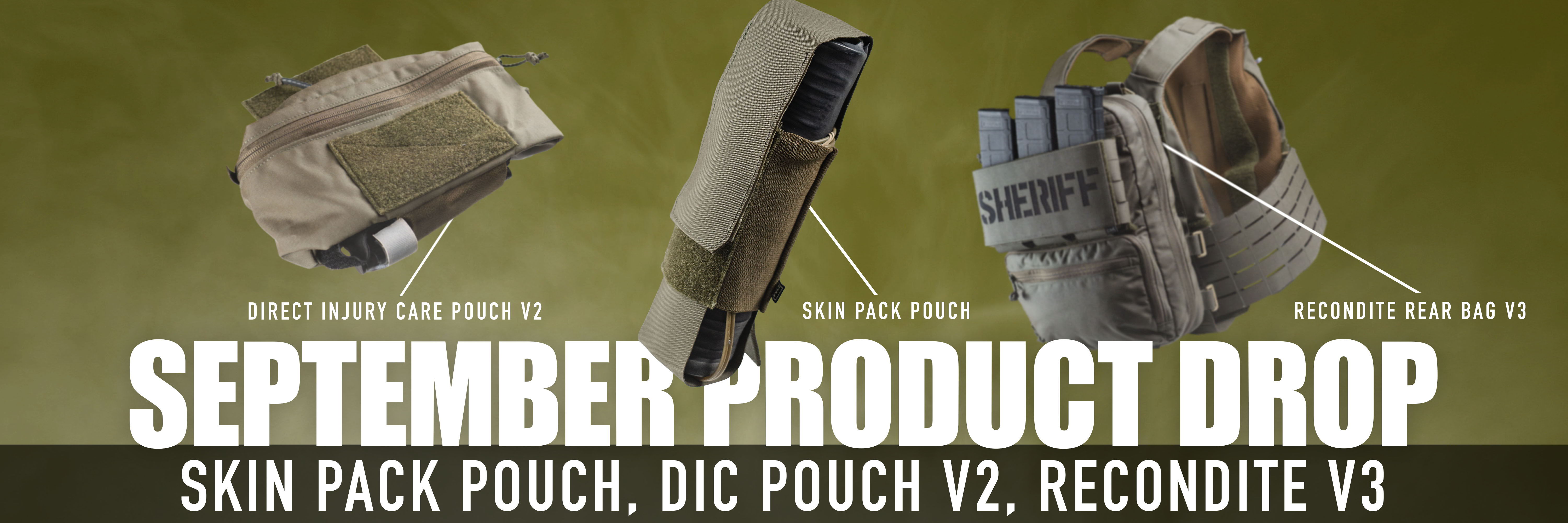 September product drop featuring skin pack pouch, DIC pouch V2, and Reconite V3.