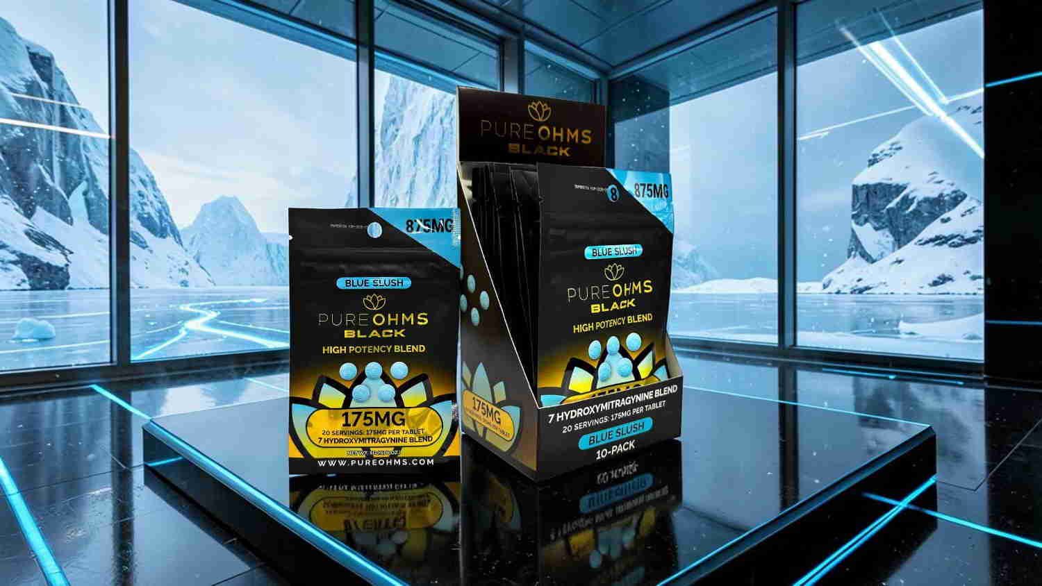Product packaging displayed in a futuristic, icy environment with mountains.