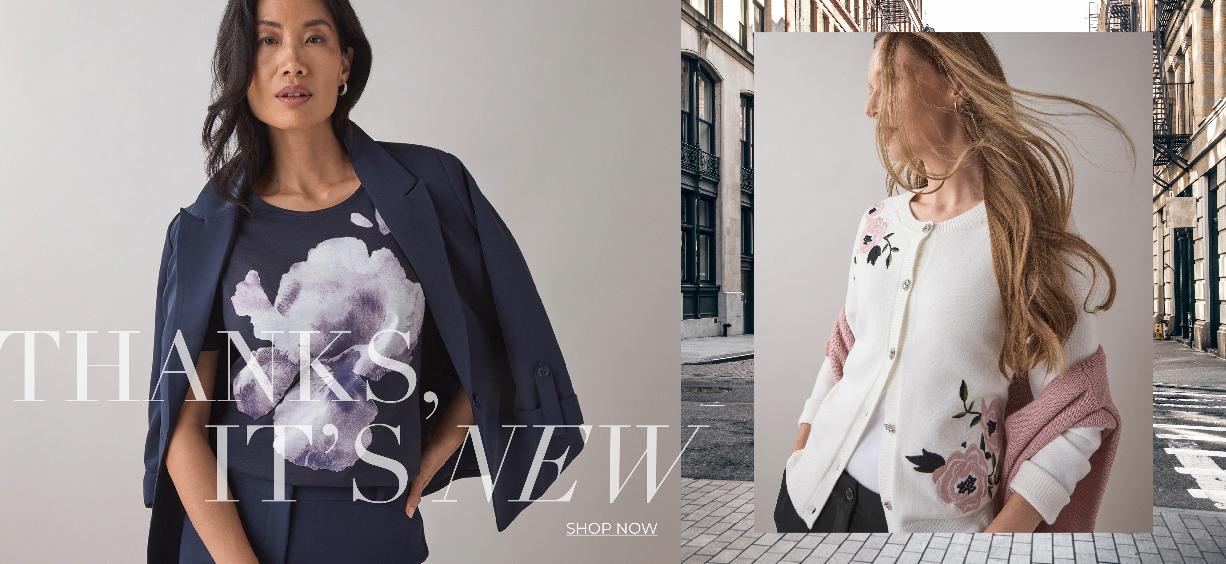 Two women modeling stylish outfits with text overlay 